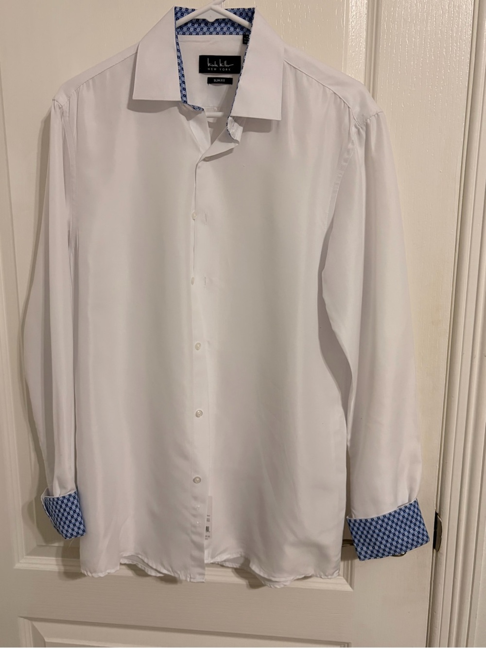 Nicole Miller White Dress Shirt with Blue Geometric Trim